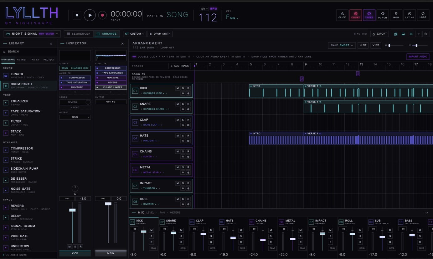 LYLLTH ARRANGE view with the NIGHT SIGNAL demo song: library, inspector, arrangement and mixer in one window