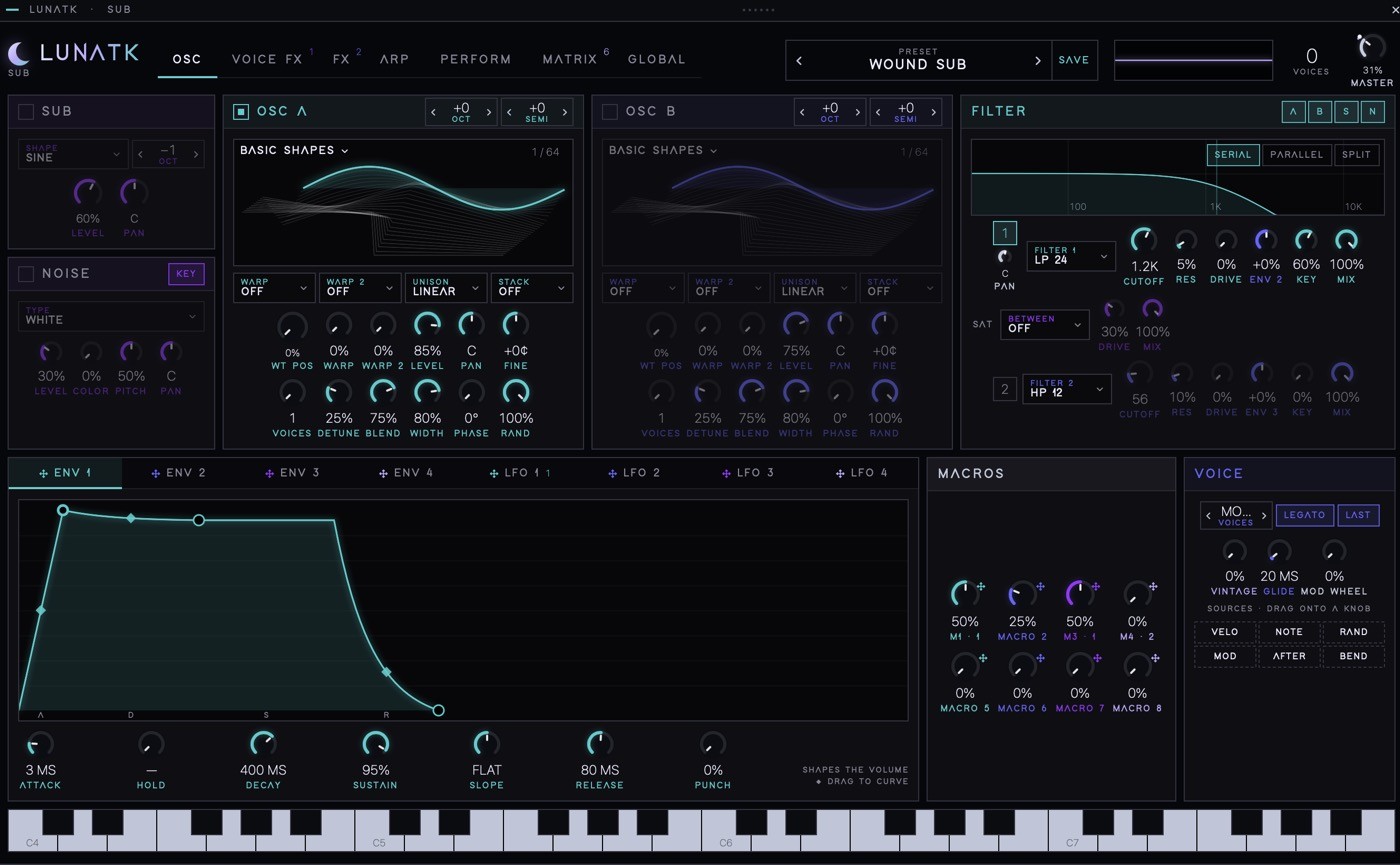 LUNATK synth editor in LYLLTH: oscillators, filter, envelope, macros, voice and keyboard