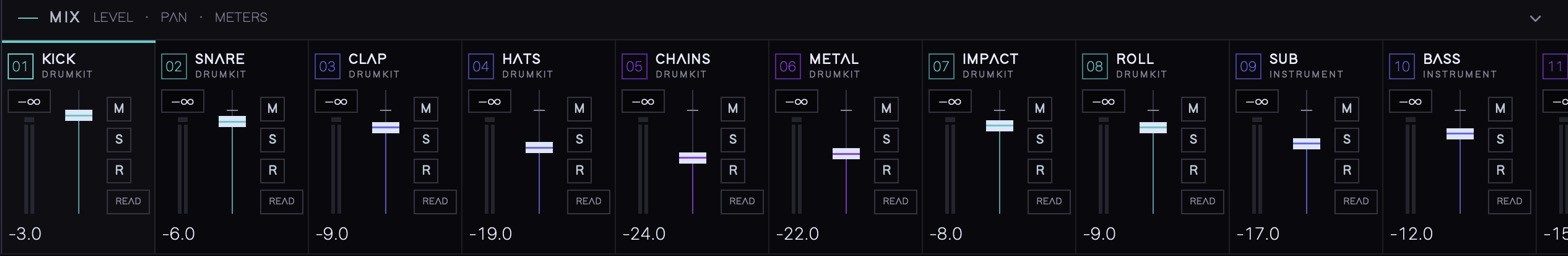 LYLLTH MIX panel: channel strips with faders, meters, mute, solo, record and automation mode