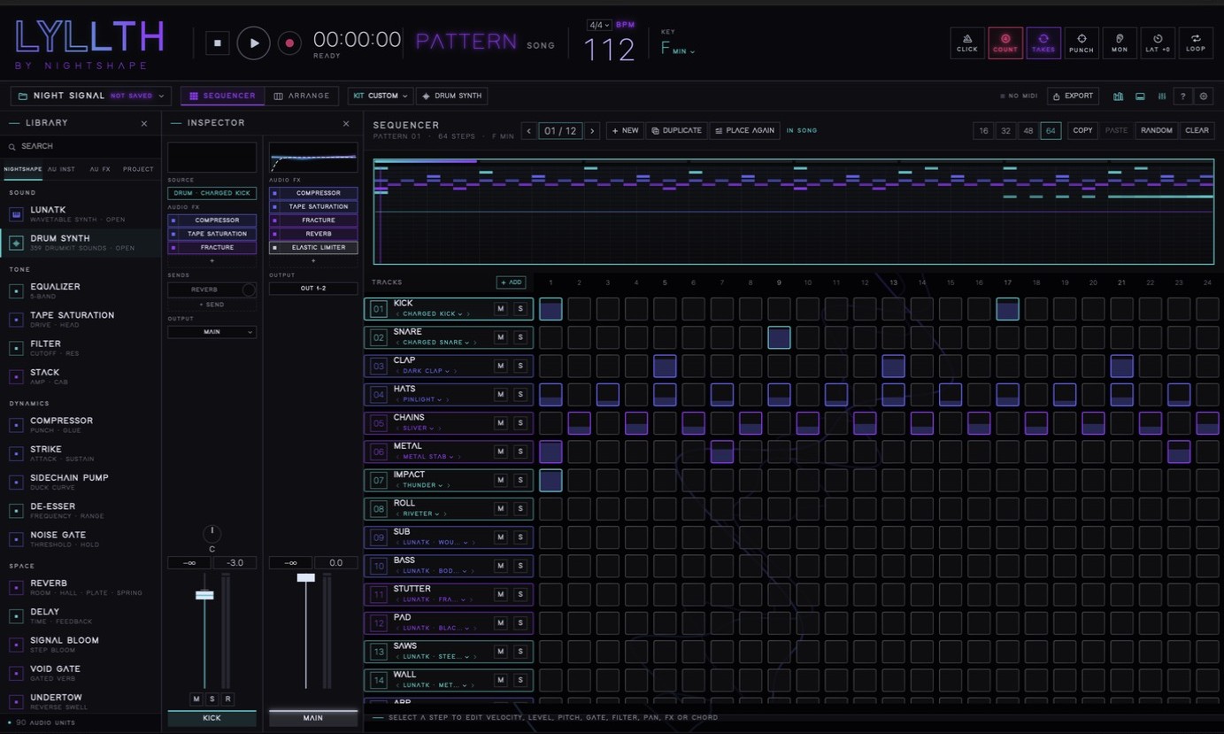 LYLLTH SEQUENCER view: a 64-step pattern with the pattern overview above the step grid